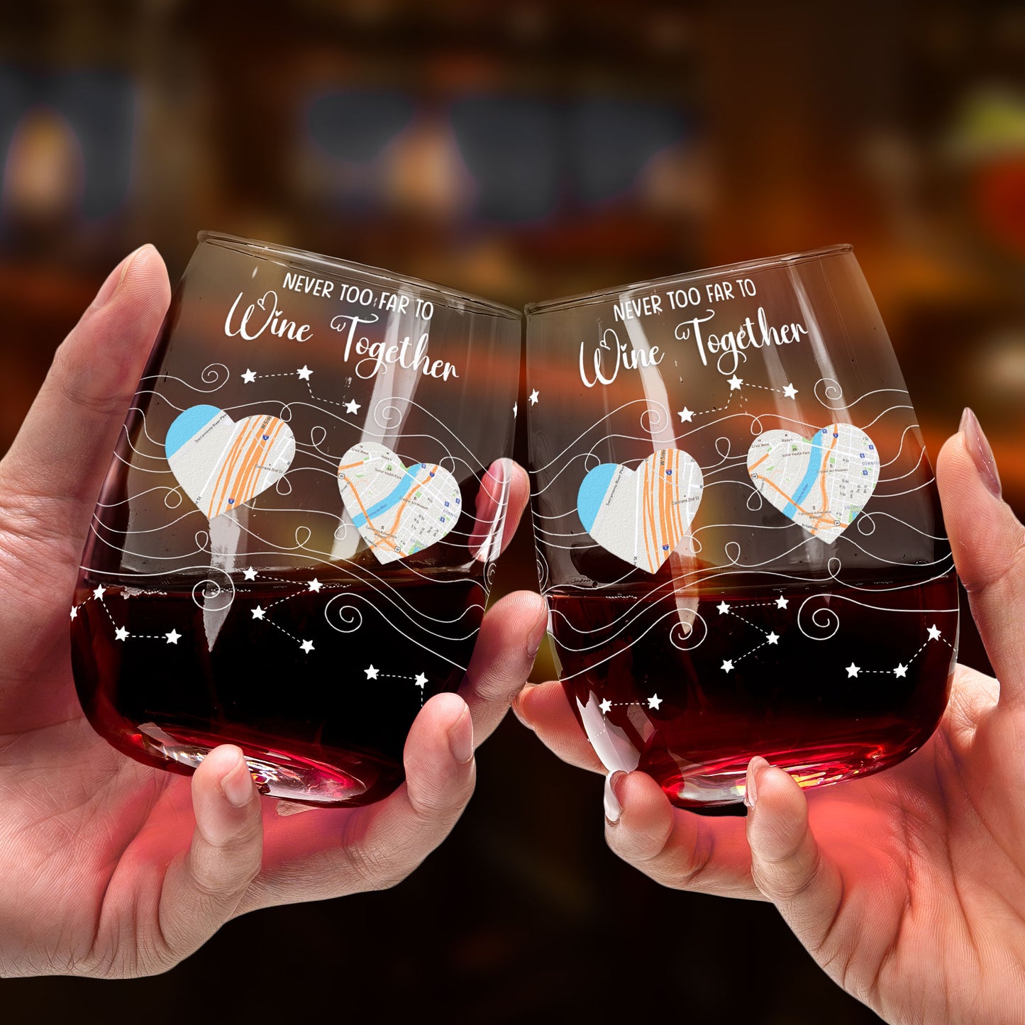 Never Too Far To Wine Together - Custom Multi Map - Country To Country - Personalized Stemless Wine Glass