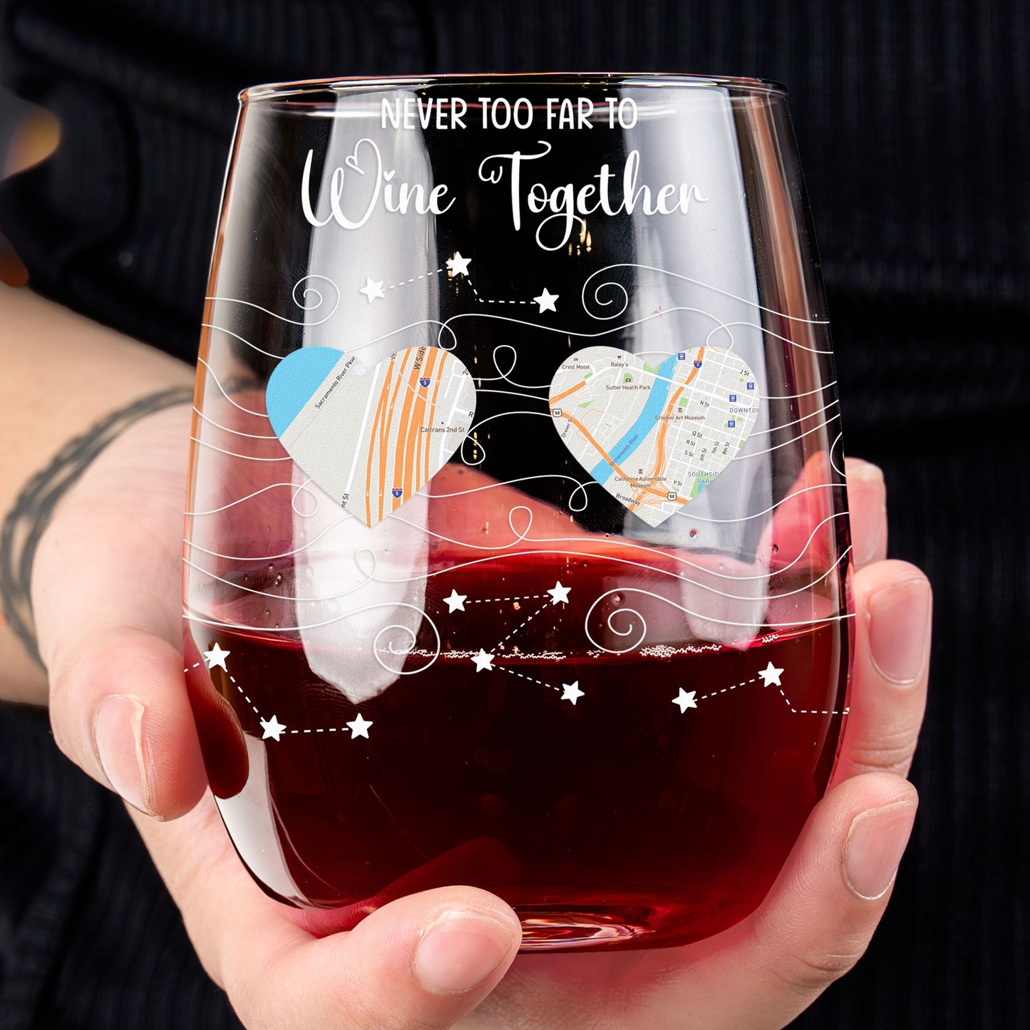 Never Too Far To Wine Together - Custom Multi Map - Country To Country - Personalized Stemless Wine Glass