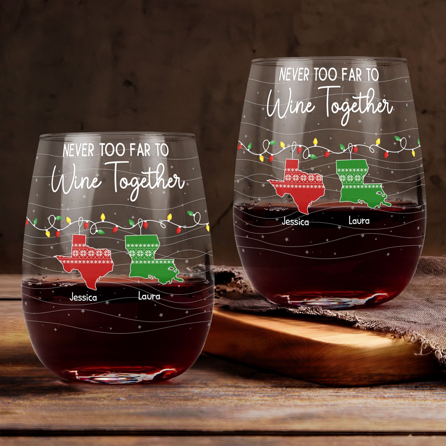 Never Too Far To Wine Together - Custom Multi States - Personalized Stemless Wine Glass