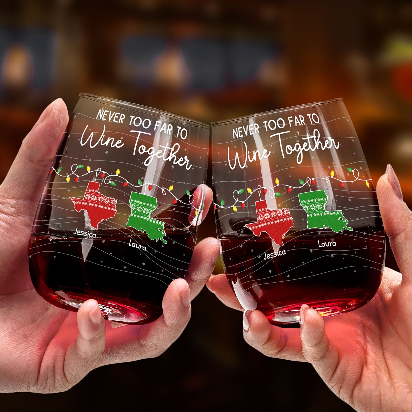 Never Too Far To Wine Together - Custom Multi States - Personalized Stemless Wine Glass