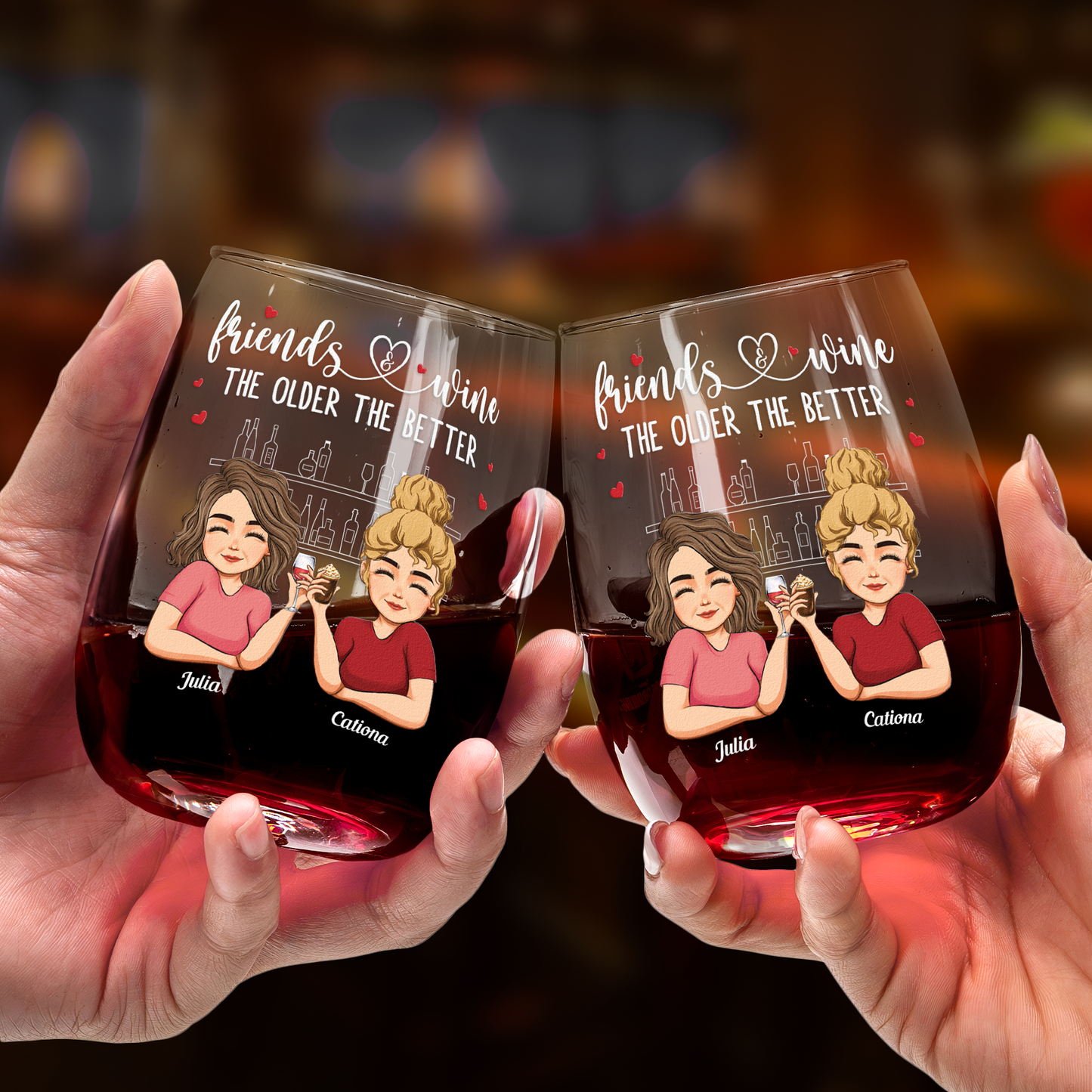 Never Too Far To Wine Together - Long Distance Besties, Sisters - Personalized Stemless Wine Glass