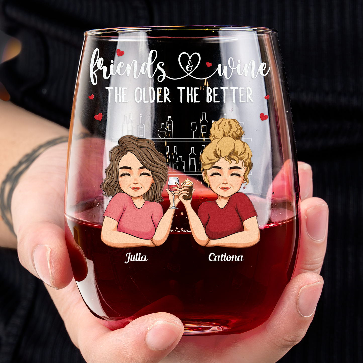 Never Too Far To Wine Together - Long Distance Besties, Sisters - Personalized Stemless Wine Glass