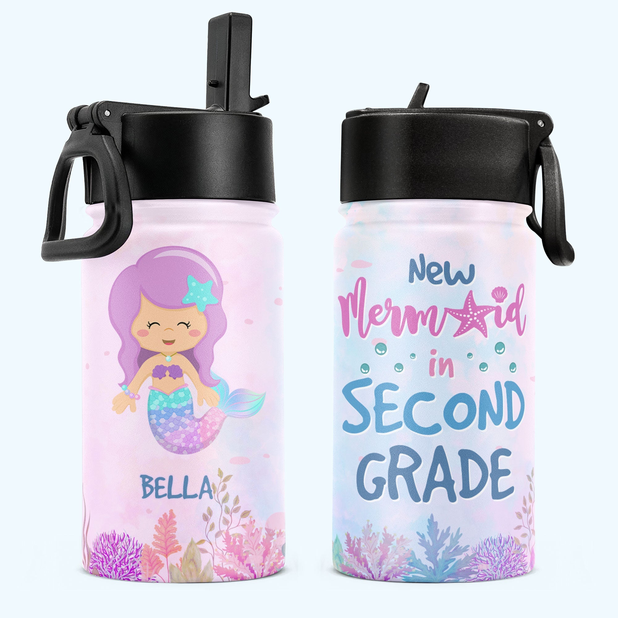 New Little Mermaid In School  - Personalized Kids Water Bottle With Straw Lid