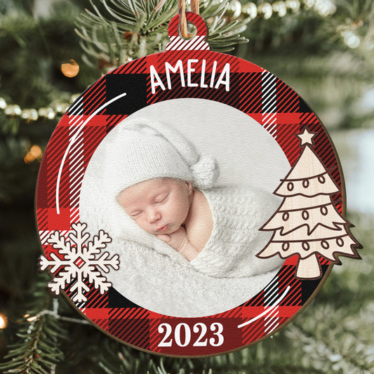 Newborn First Christmas Baby Gift - Personalized Wooden Photo Ornament