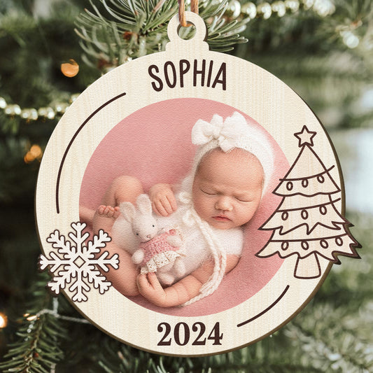 Newborn First Christmas Baby Gift - Personalized Wooden Photo Ornament