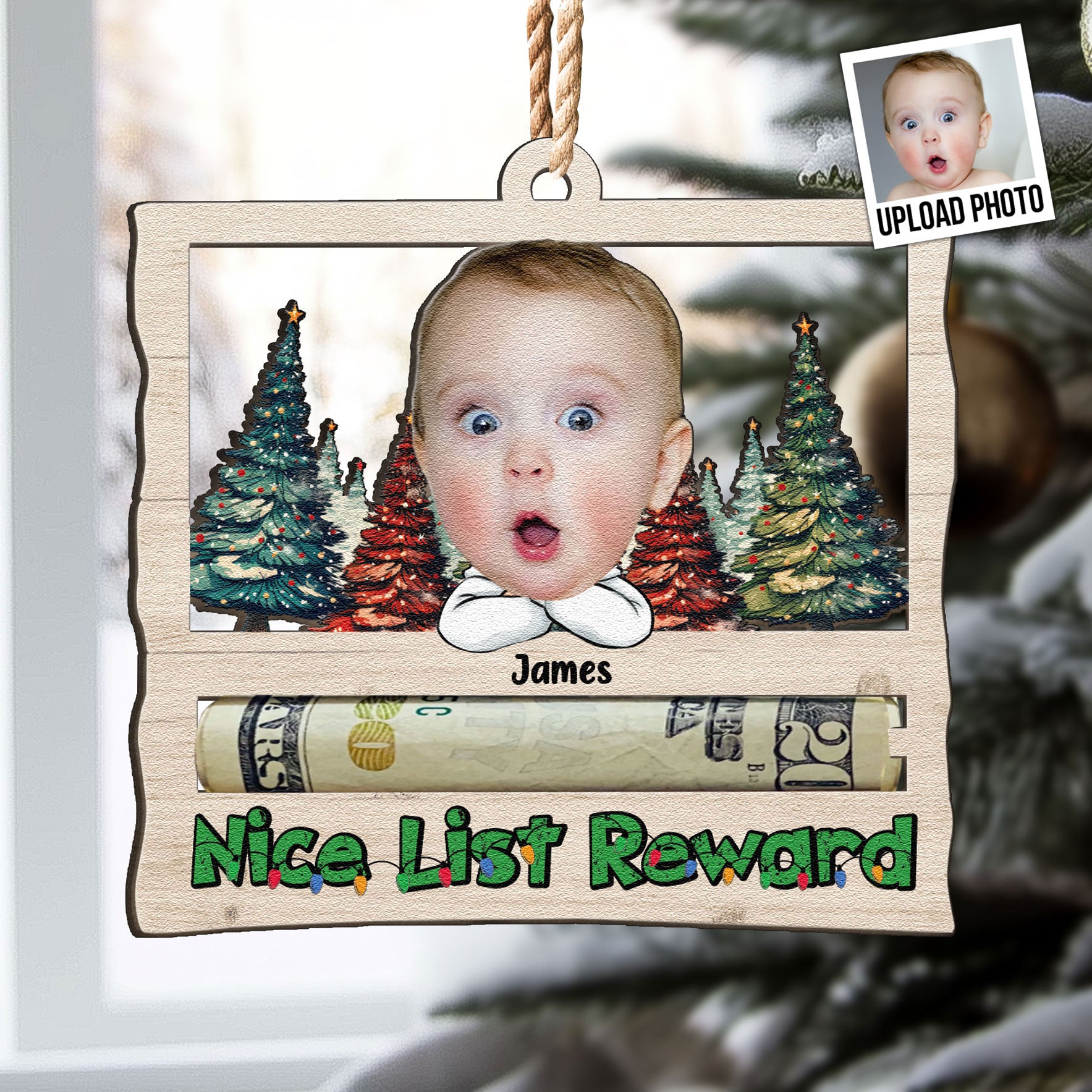 Nice List Reward Money Holder - Personalized Wooden Photo Ornament