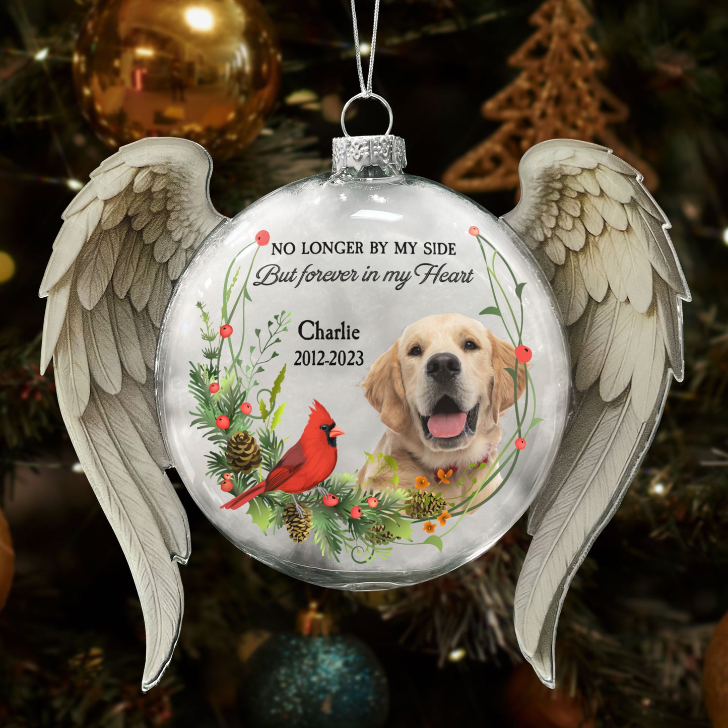 No Longer By My Side Forever In My Heart - Personalized Memorial Glass Photo Ornament