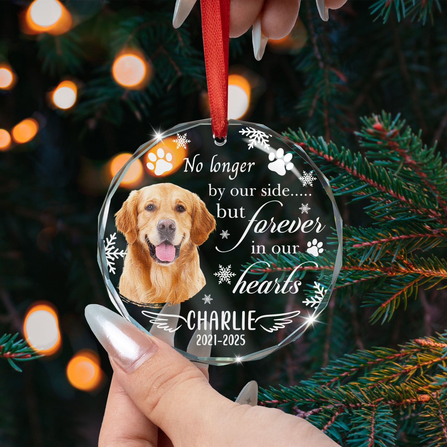 No Longer By Our Side But Forever In Our Hearts Pet - Personalized Glass Photo Ornament