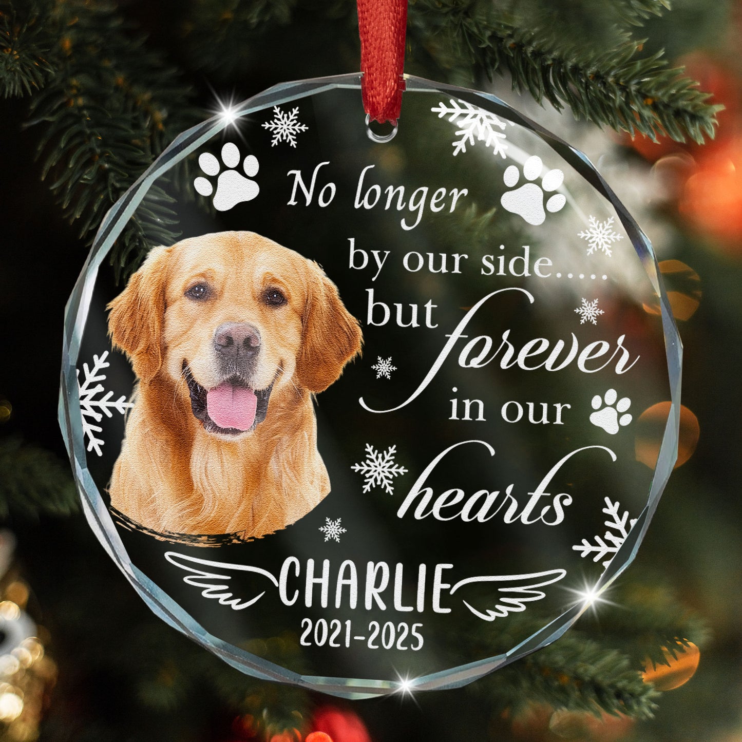 No Longer By Our Side But Forever In Our Hearts Pet - Personalized Glass Photo Ornament