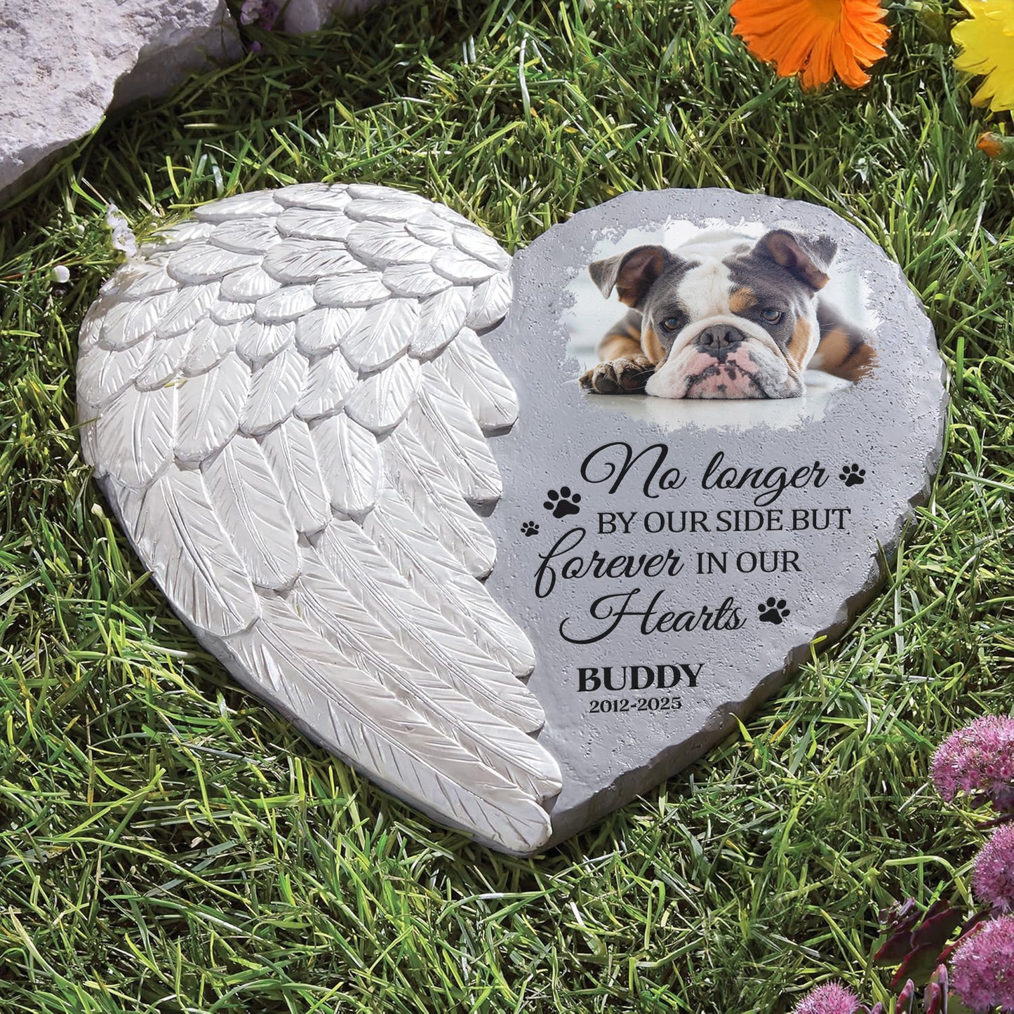 No Longer By Our Side Forever In Our Hearts - Personalized Photo Memorial Garden Stone