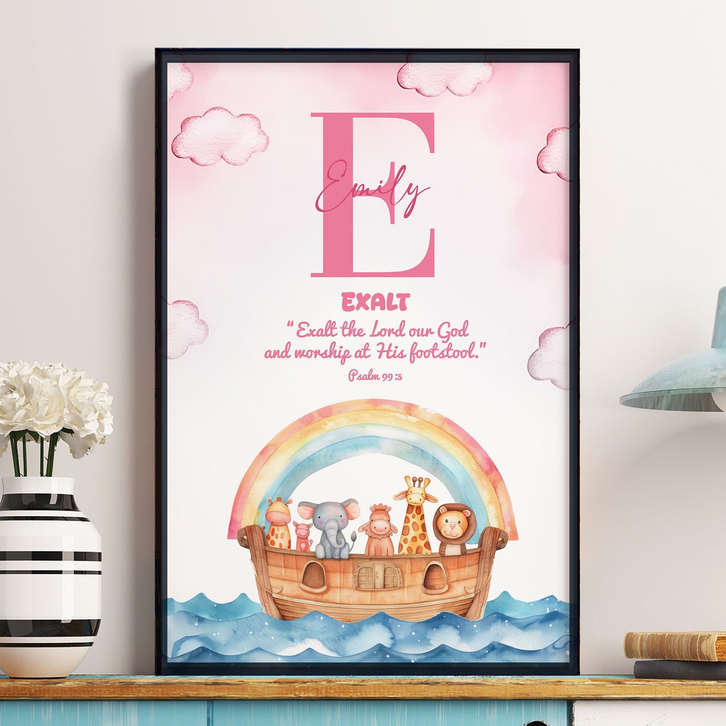 Noah's Ark With Kids Bible Verse And Name Wall Art Nursery Decor - Personalized Poster
