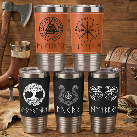 Norse Mythology Viking Runes - Personalized 20oz Leather Wrapped Tumbler