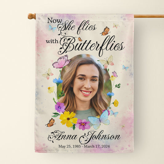 Now She Flies With Butterflies - Personalized Photo Flag