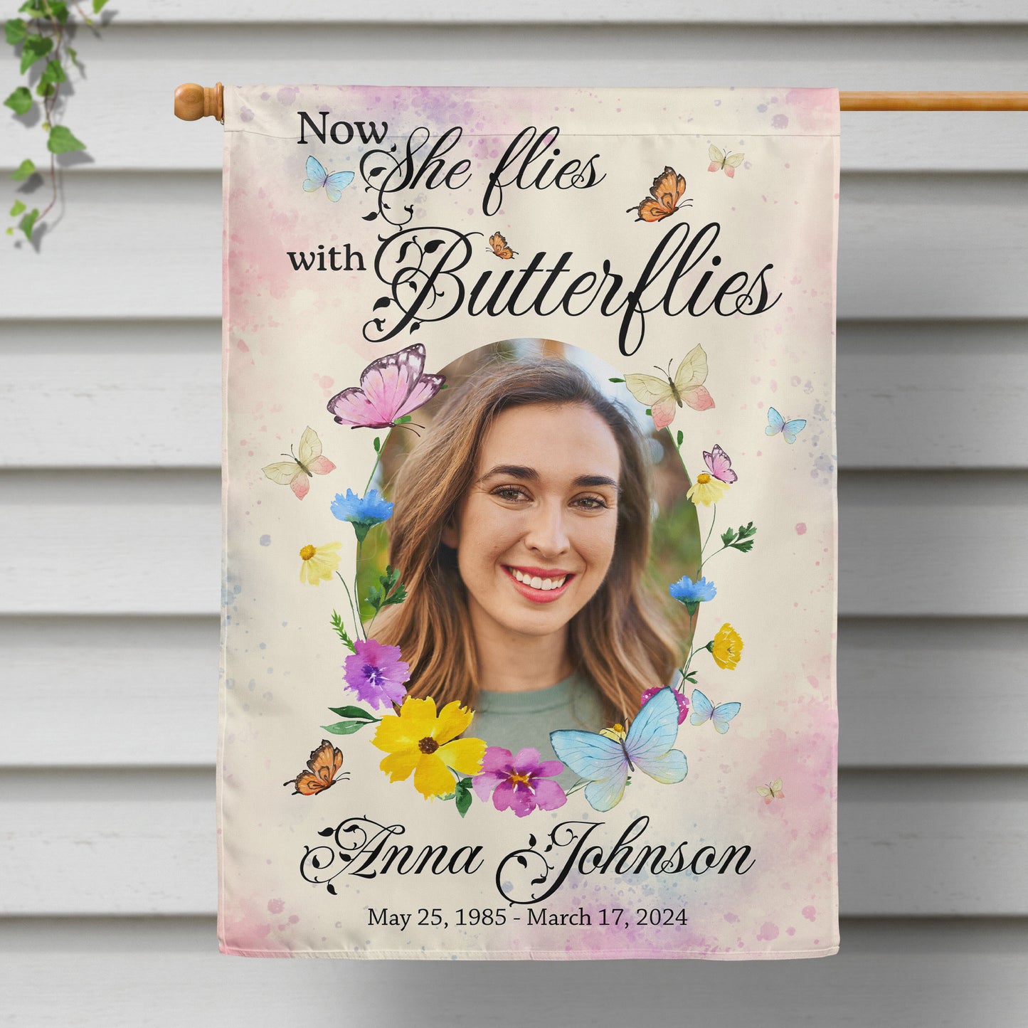 Now She Flies With Butterflies - Personalized Photo Flag