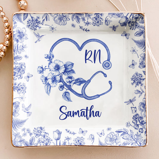 Nurse Gift Toile De Jouy Birth Flower Stethoscope - Personalized Jewelry Dish