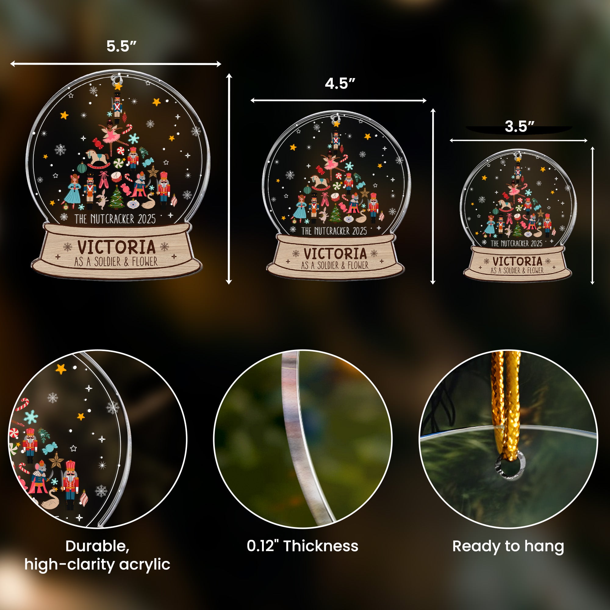 Nutcracker Christmas Snow Globe Ornament - Gifts For Kids (Up To 8 Roles) - Personalized Acrylic Ornament