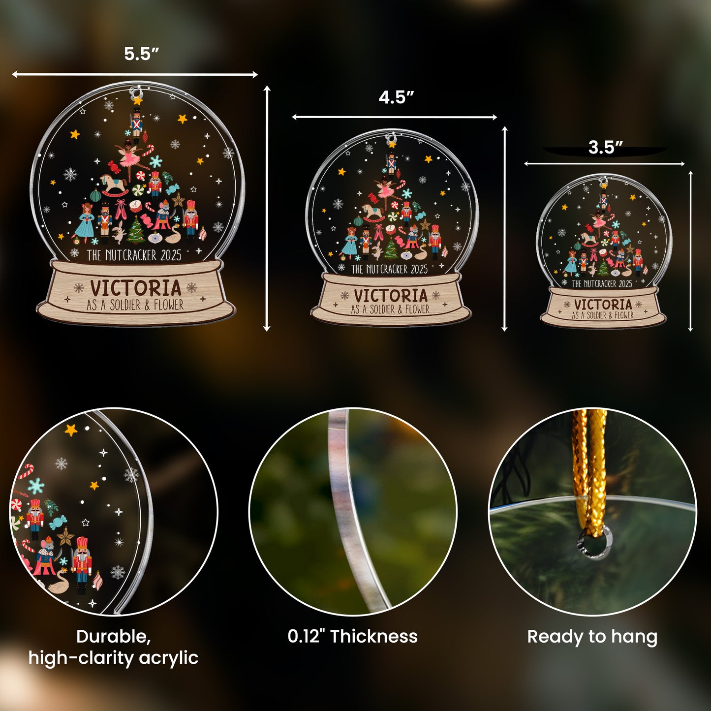 Nutcracker Christmas Snow Globe Ornament - Gifts For Kids (Up To 8 Roles) - Personalized Acrylic Ornament