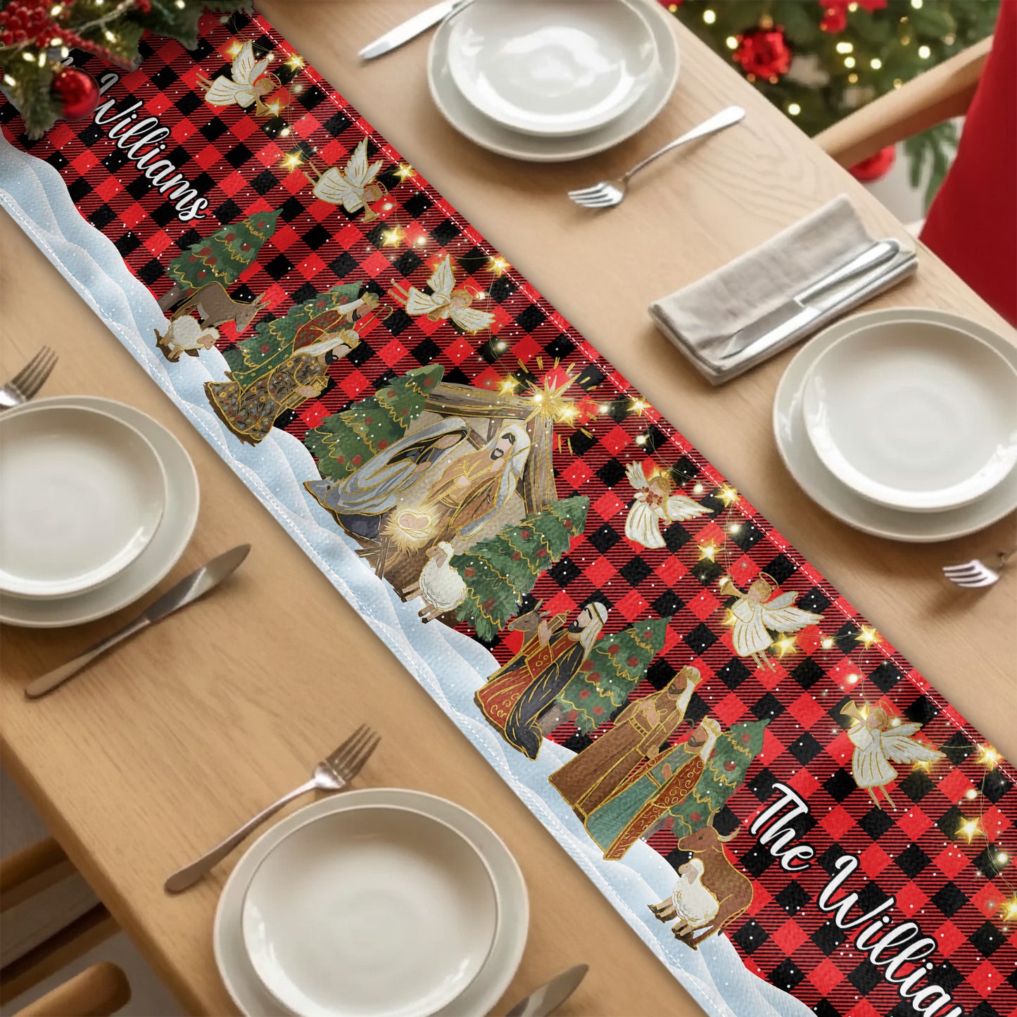 O Holy Night Nativity Scene Buffalo Plaid Christmas Dining Table Decoration - Personalized Table Runner