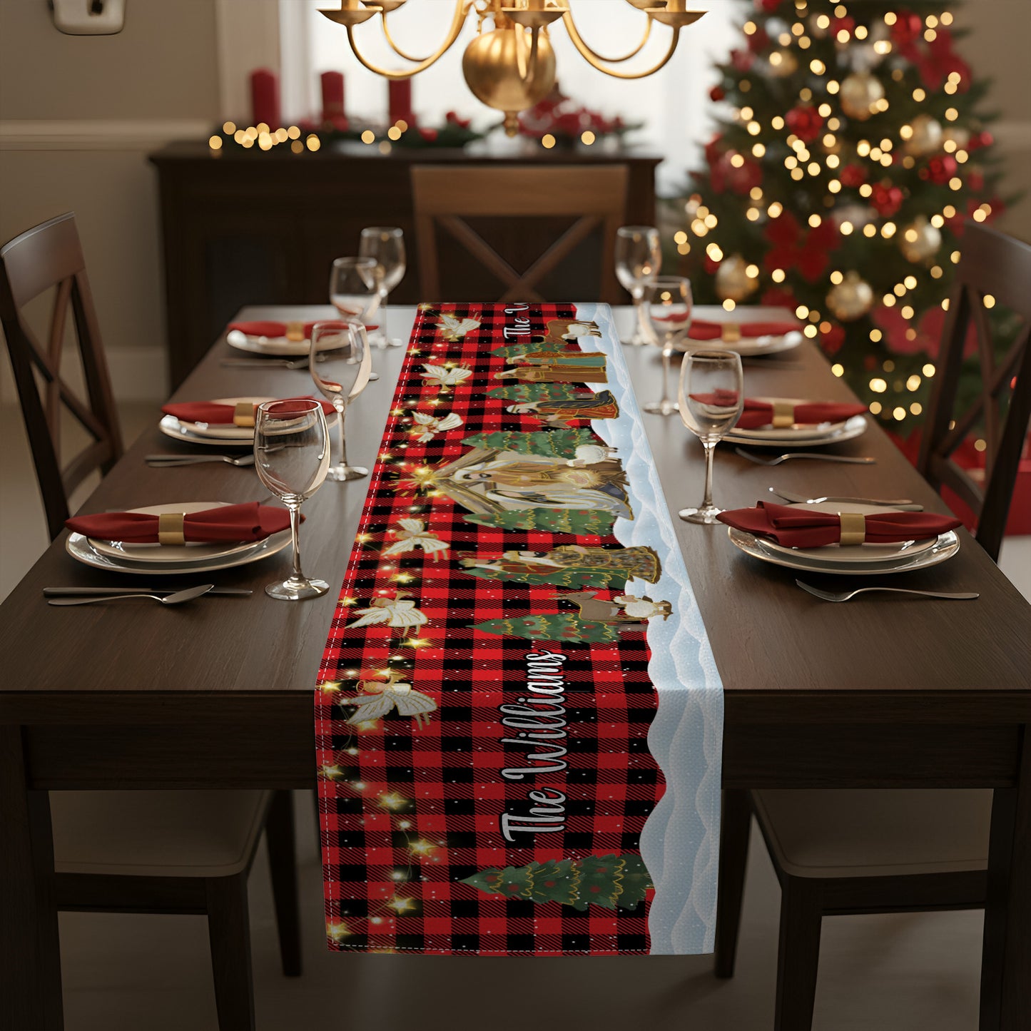 O Holy Night Nativity Scene Buffalo Plaid Christmas Dining Table Decoration - Personalized Table Runner