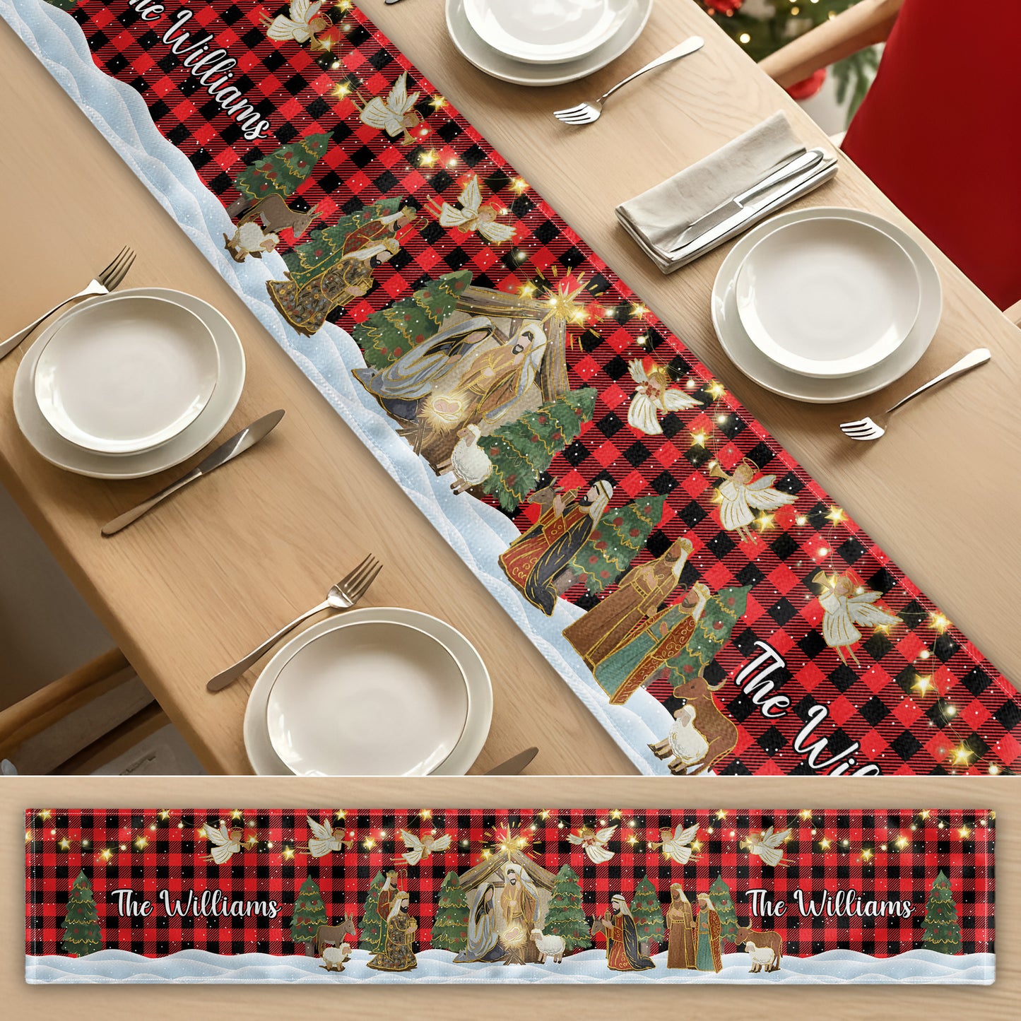 O Holy Night Nativity Scene Buffalo Plaid Christmas Dining Table Decoration - Personalized Table Runner