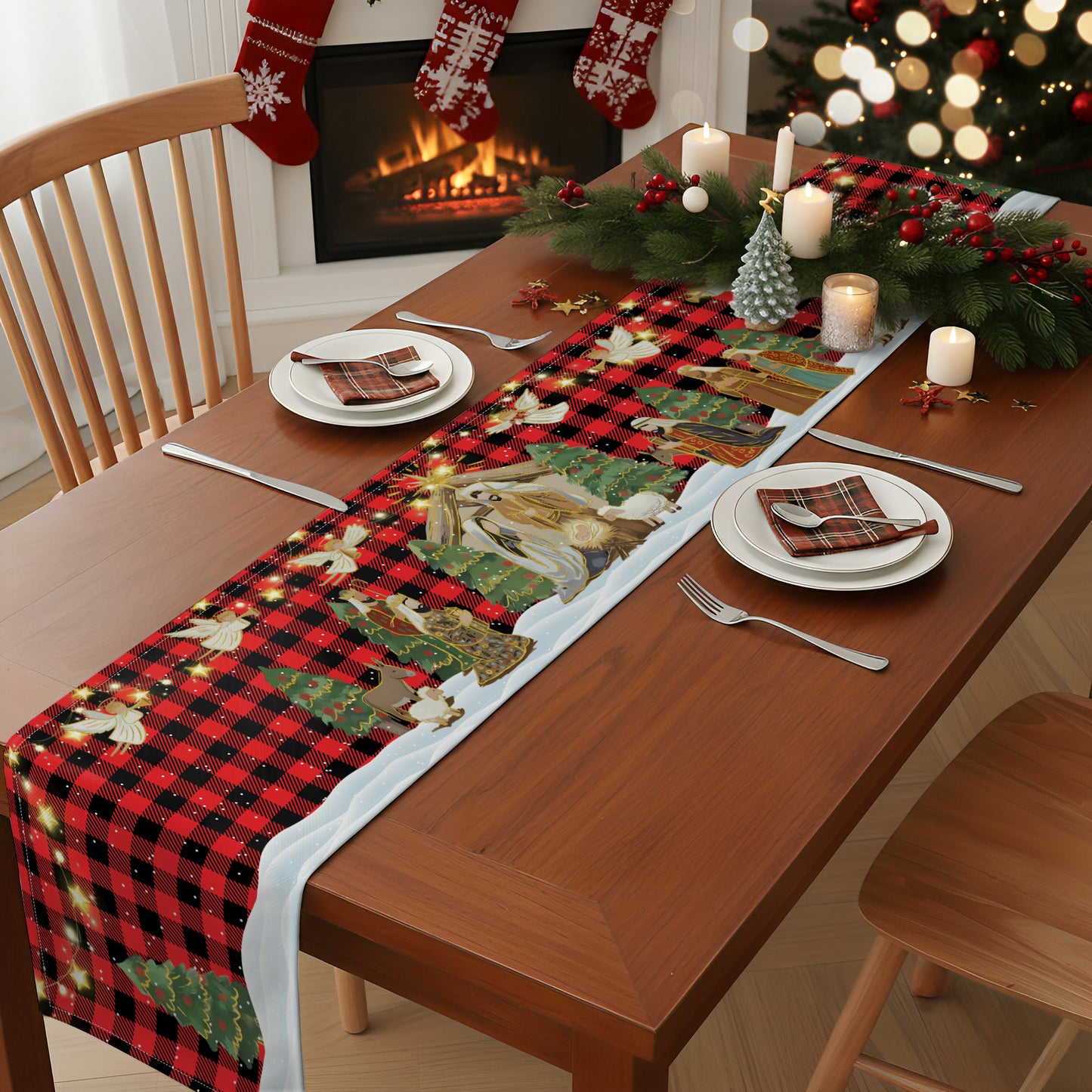 O Holy Night Nativity Scene Buffalo Plaid Christmas Dining Table Decoration - Table Runner