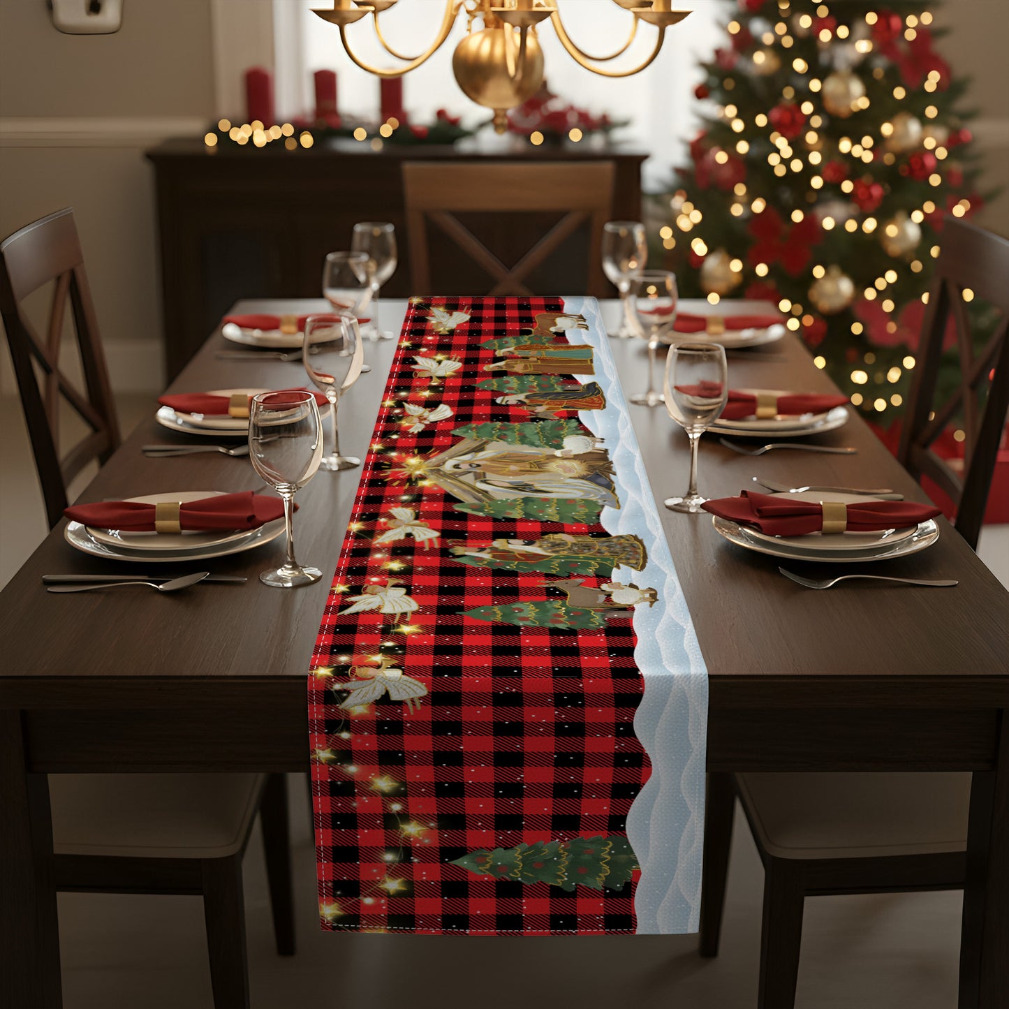 O Holy Night Nativity Scene Buffalo Plaid Christmas Dining Table Decoration - Table Runner