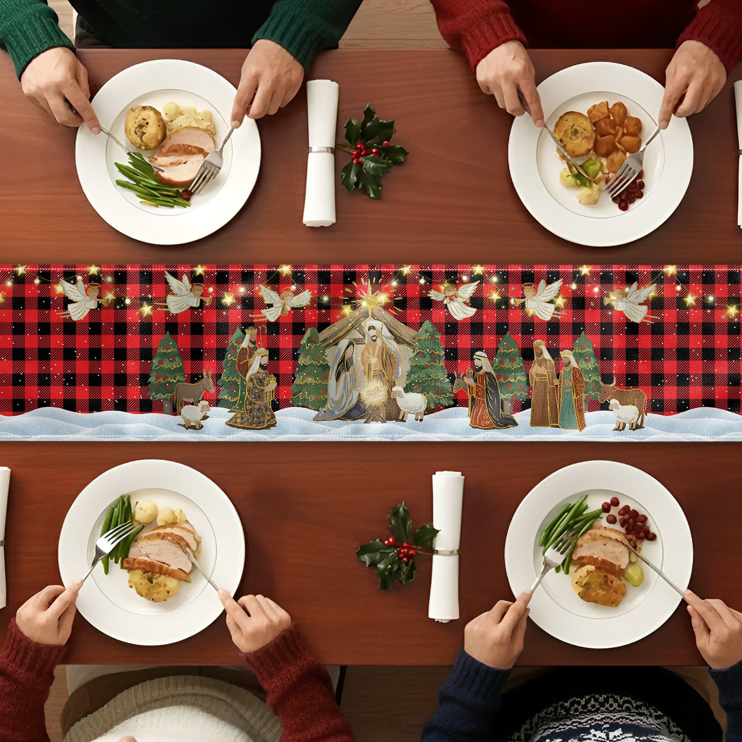 O Holy Night Nativity Scene Buffalo Plaid Christmas Dining Table Decoration - Table Runner
