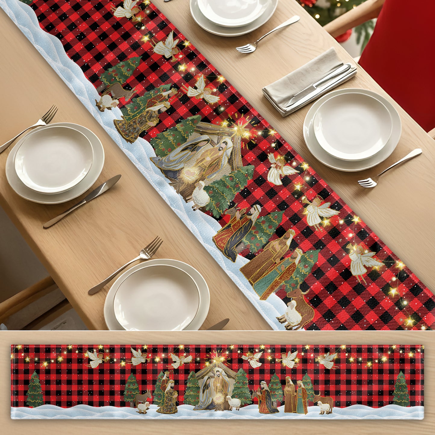 O Holy Night Nativity Scene Buffalo Plaid Christmas Dining Table Decoration - Table Runner
