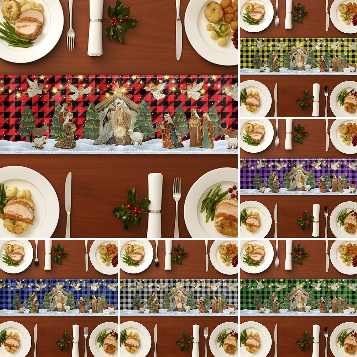 O Holy Night Nativity Scene Buffalo Plaid Christmas Dining Table Decoration - Table Runner