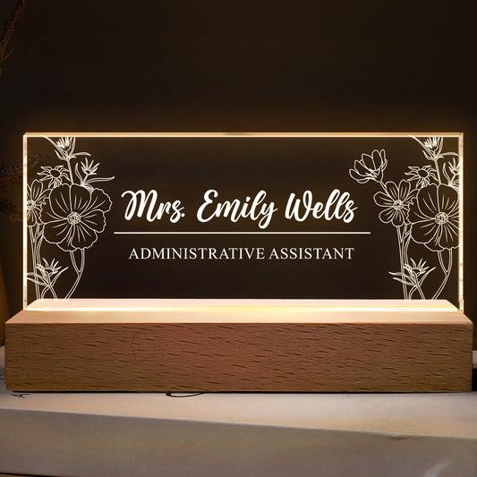 Office Name Plate Desk Decor - Custom Birth Flower Gift For Colleagues, Coworkers, Boss Lady - Personalized LED Night Light