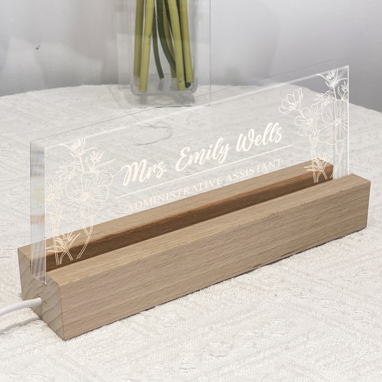 Office Name Plate Desk Decor - Custom Birth Flower Gift For Colleagues, Coworkers, Boss Lady - Personalized LED Night Light