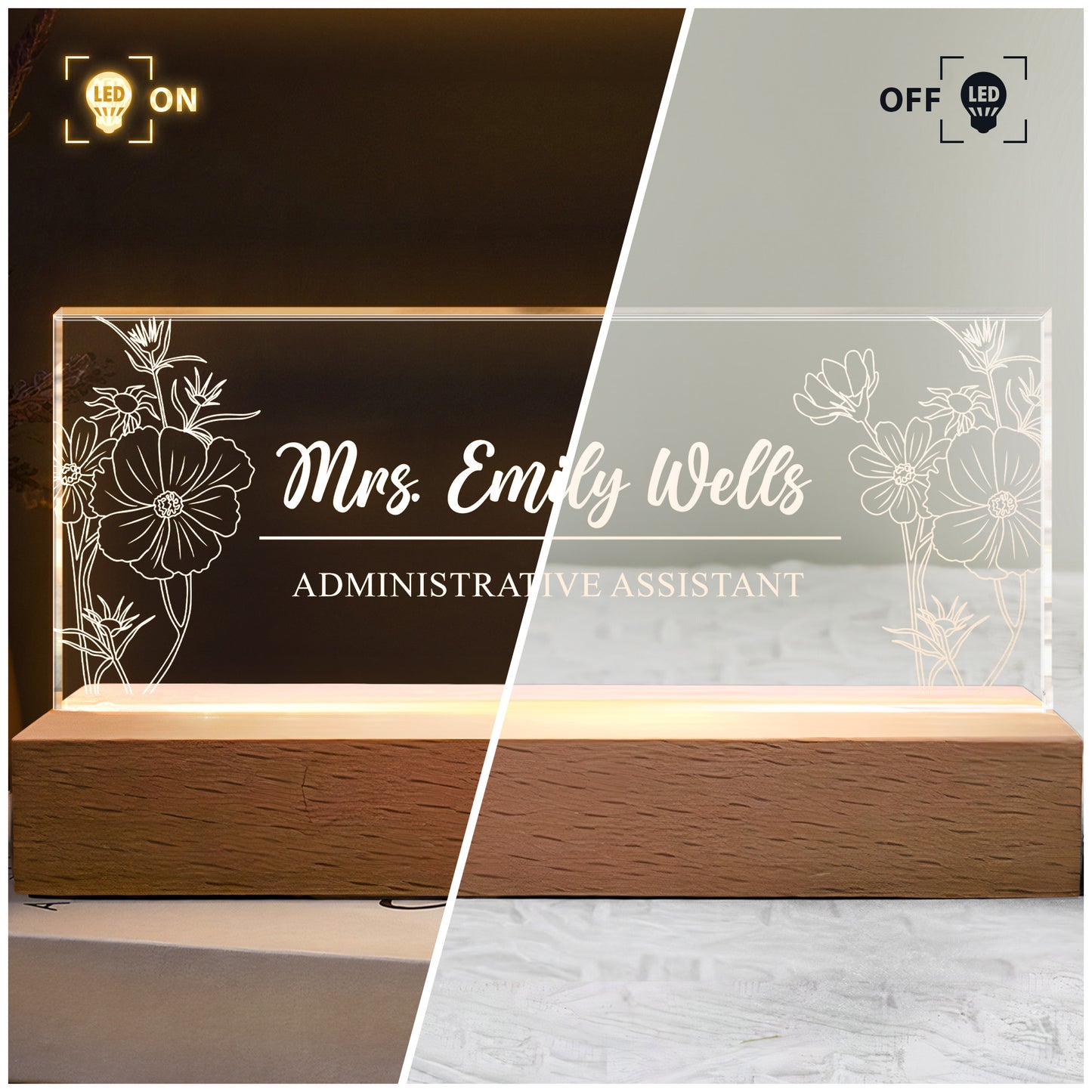 Office Name Plate Desk Decor - Custom Birth Flower Gift For Colleagues, Coworkers, Boss Lady - Personalized LED Night Light