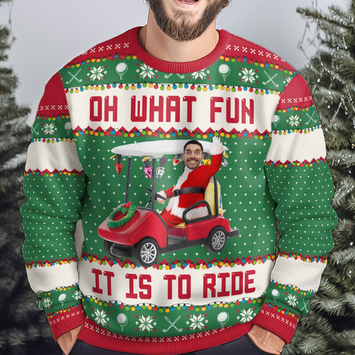 Oh What Fun It Is To Ride - Golfing Christmas Team - Personalized Photo Ugly Sweater