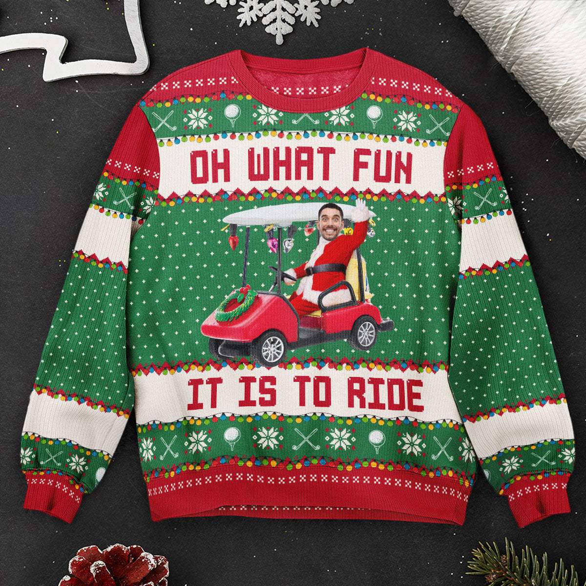 Oh What Fun It Is To Ride - Golfing Christmas Team - Personalized Photo Ugly Sweater