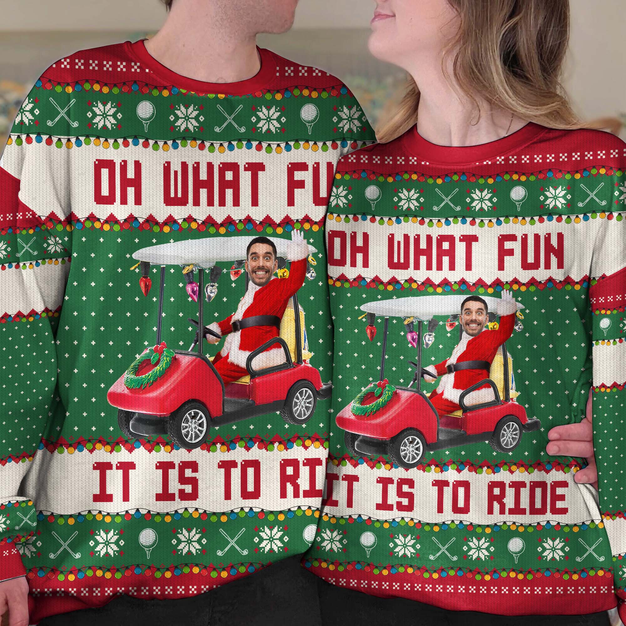 Oh What Fun It Is To Ride - Golfing Christmas Team - Personalized Photo Ugly Sweater