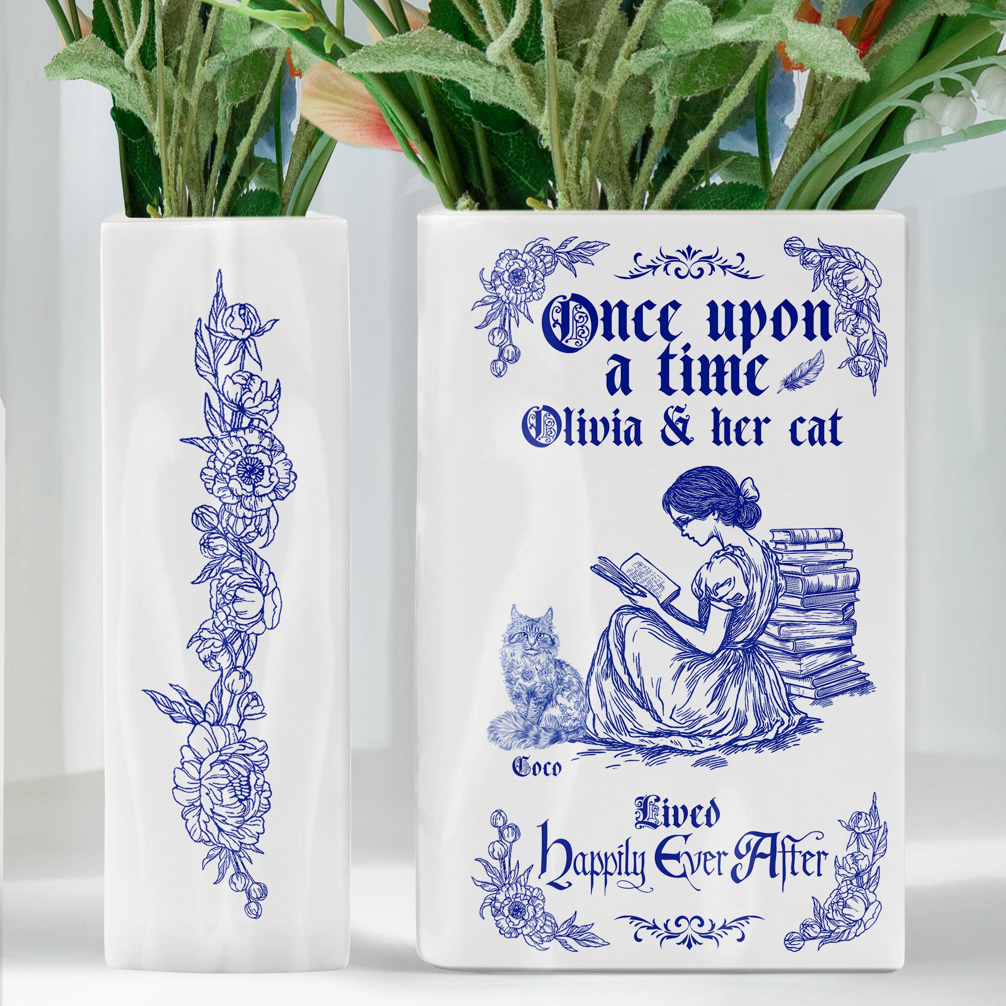 Once Upon A Time, She Lived Happily Ever After - Personalized Ceramic Book Vase