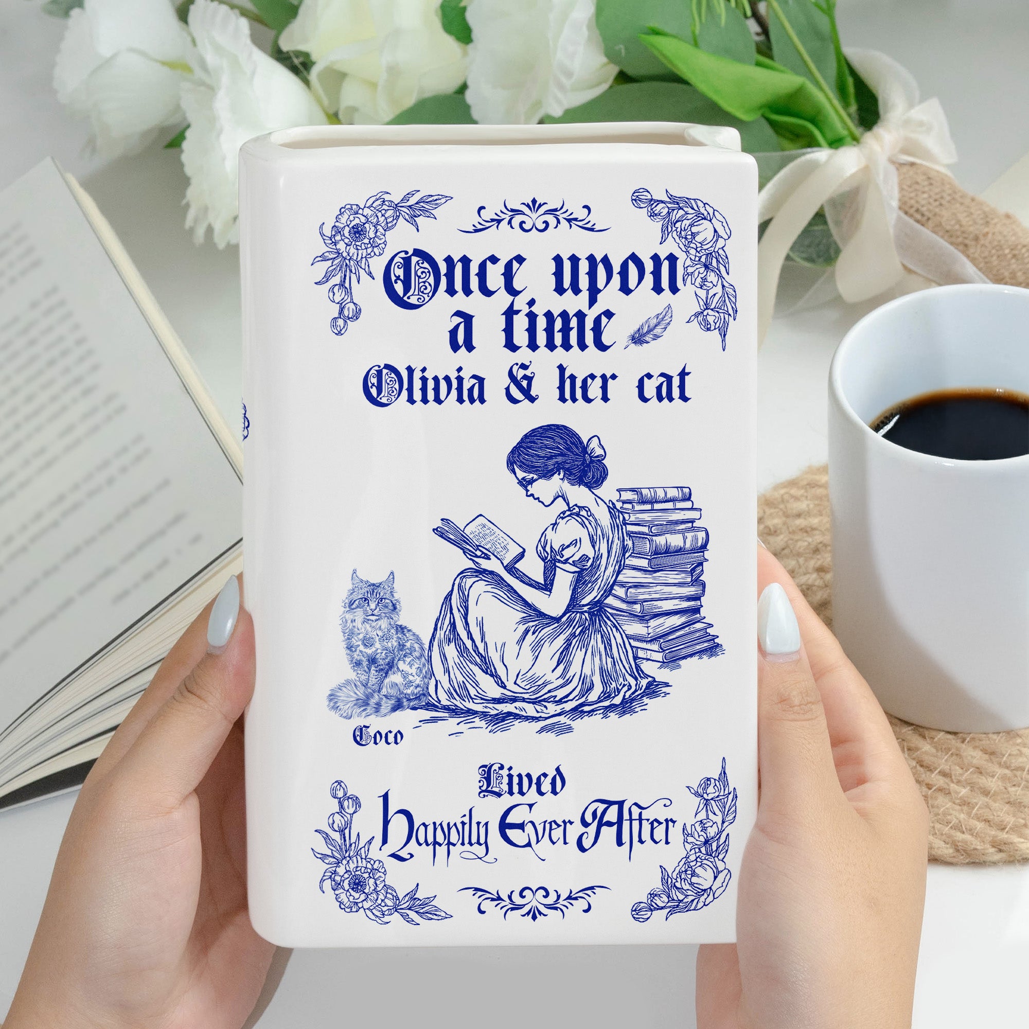 Once Upon A Time, She Lived Happily Ever After - Personalized Ceramic Book Vase