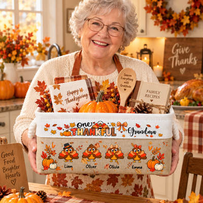 One Thankful Grandma Custom Grandkids Turkey - Thanksgiving Fall Season Decorations - Personalized Storage Basket