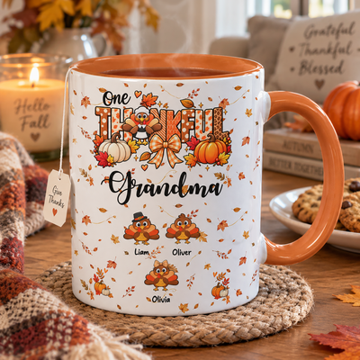 One Thankful Grandma Custom Grandkids Turkey - Thanksgiving Fall Season Decorations - Personalized Mug