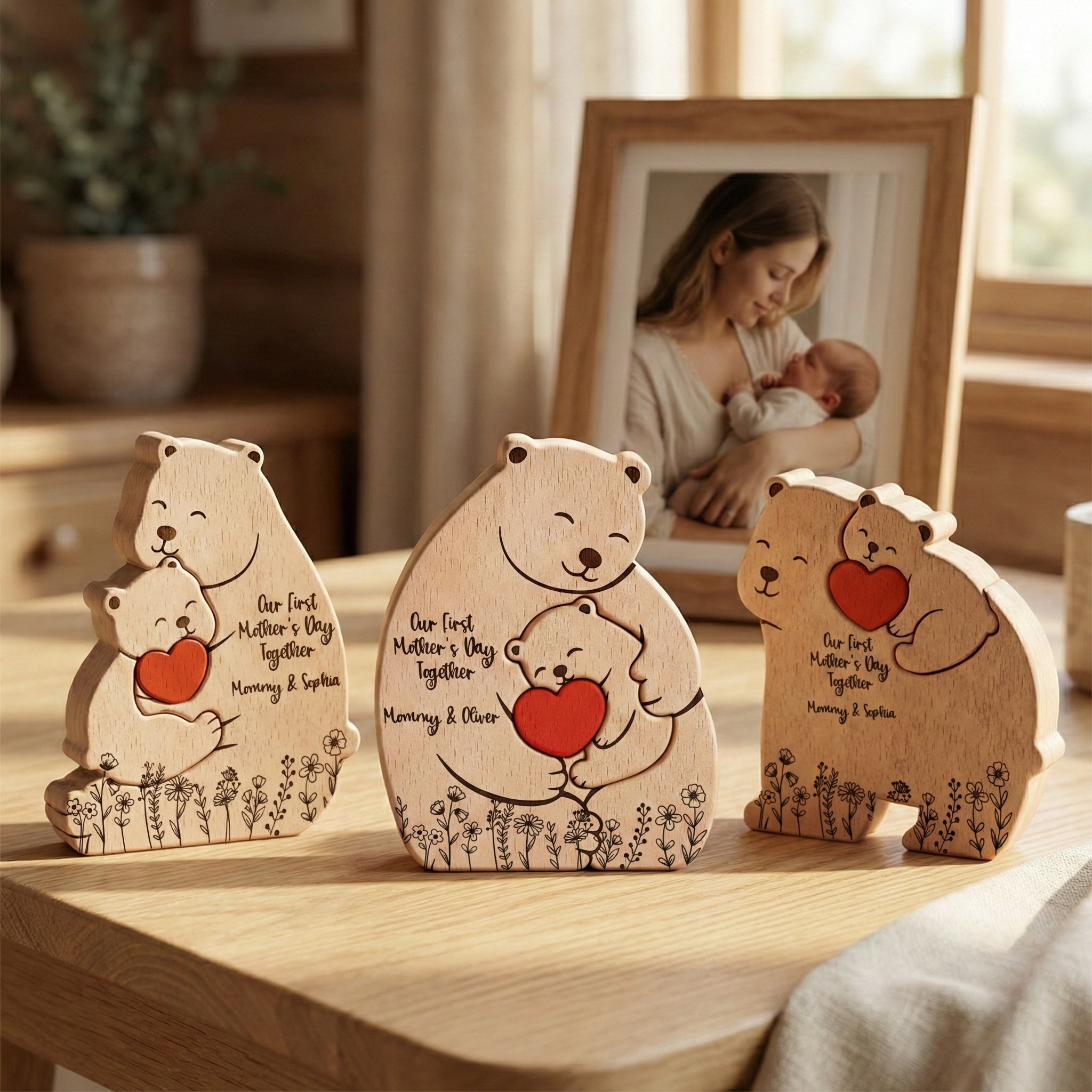 Father's Day Gifts, Our 1st Mother's Day Together - Mama Bear Mom & Baby Cub - Floral Style - Personalized Puzzle