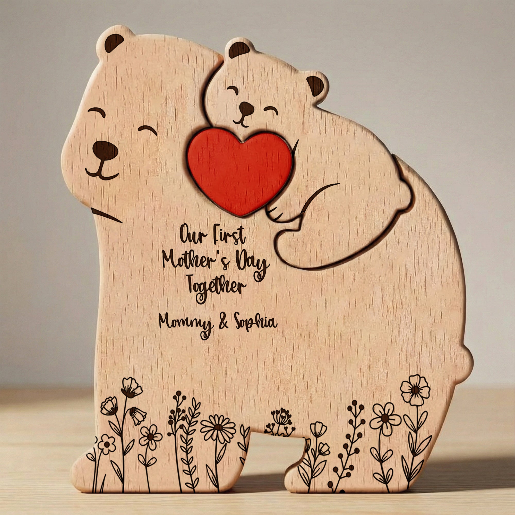 Father's Day Gifts, Our 1st Mother's Day Together - Mama Bear Mom & Baby Cub - Floral Style - Personalized Puzzle