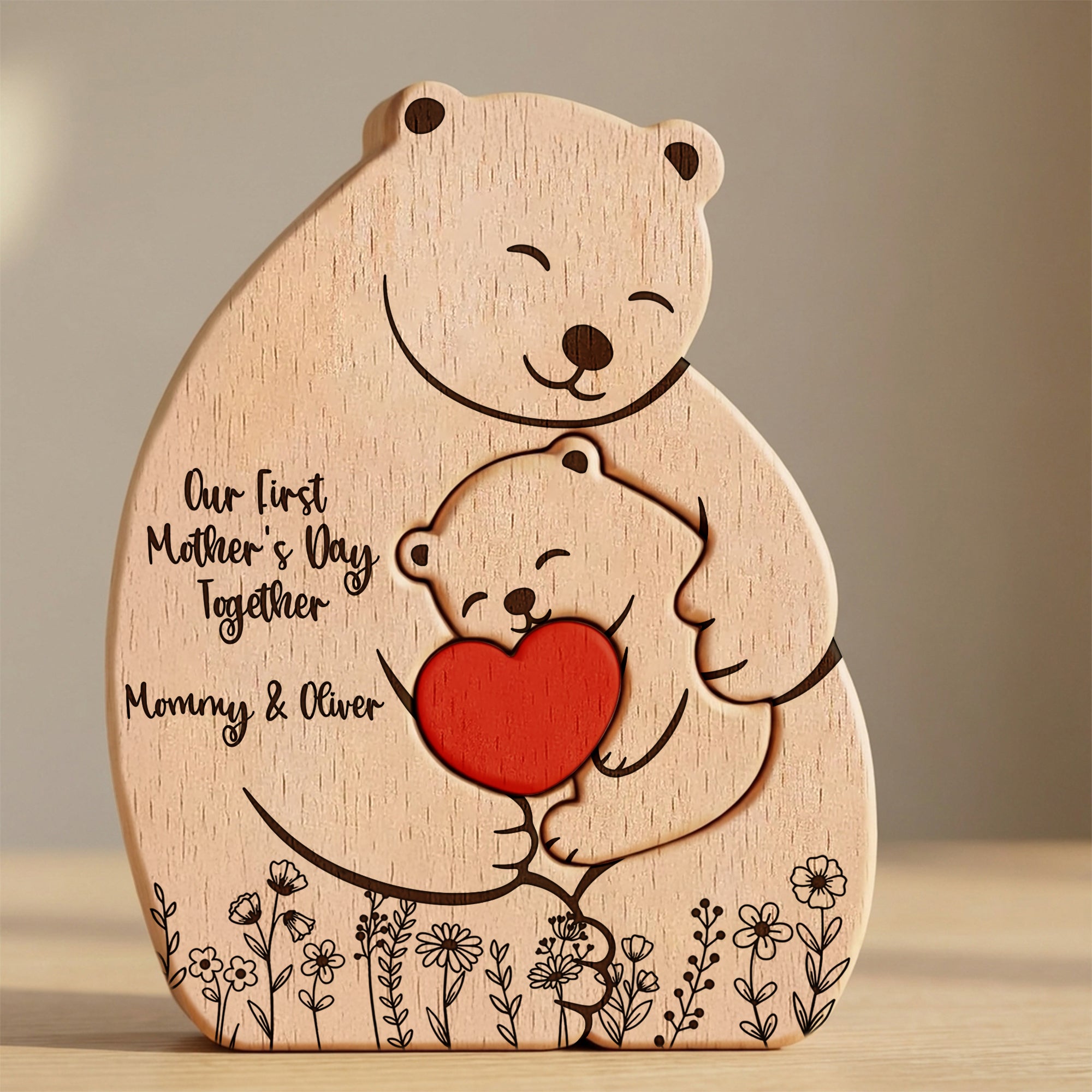 Father's Day Gifts, Our 1st Mother's Day Together - Mama Bear Mom & Baby Cub - Floral Style - Personalized Puzzle