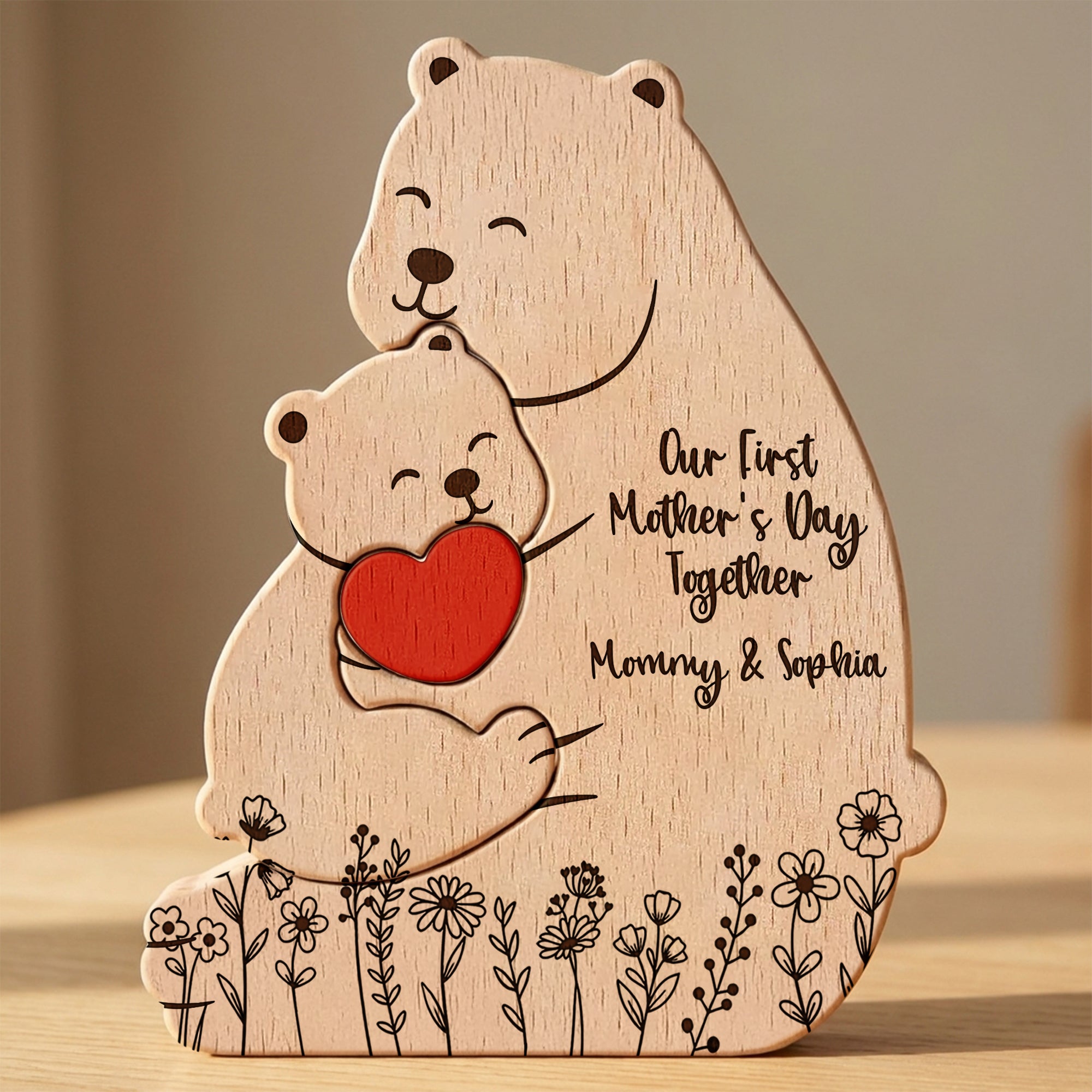 Father's Day Gifts, Our 1st Mother's Day Together - Mama Bear Mom & Baby Cub - Floral Style - Personalized Puzzle