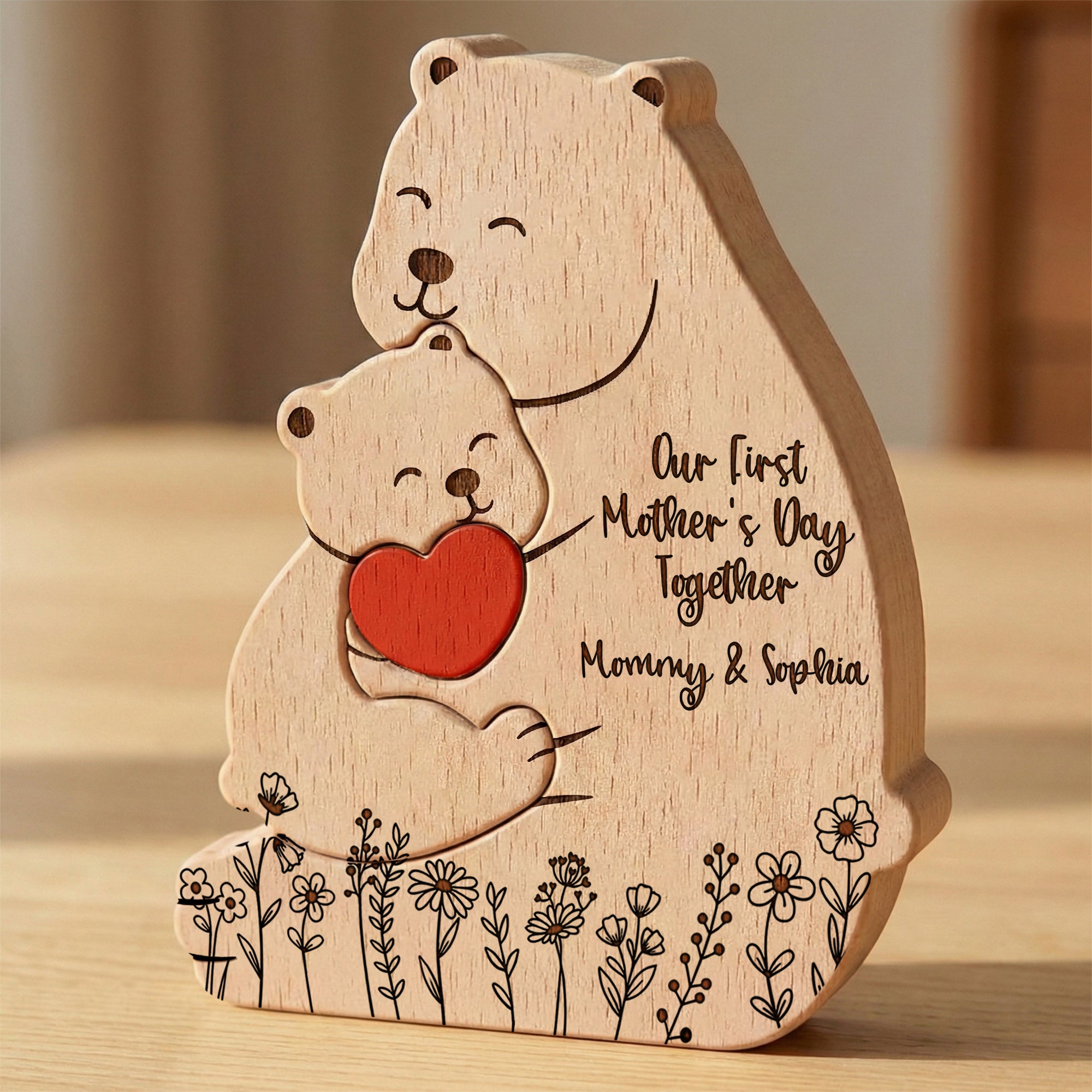 Father's Day Gifts, Our 1st Mother's Day Together - Mama Bear Mom & Baby Cub - Floral Style - Personalized Puzzle