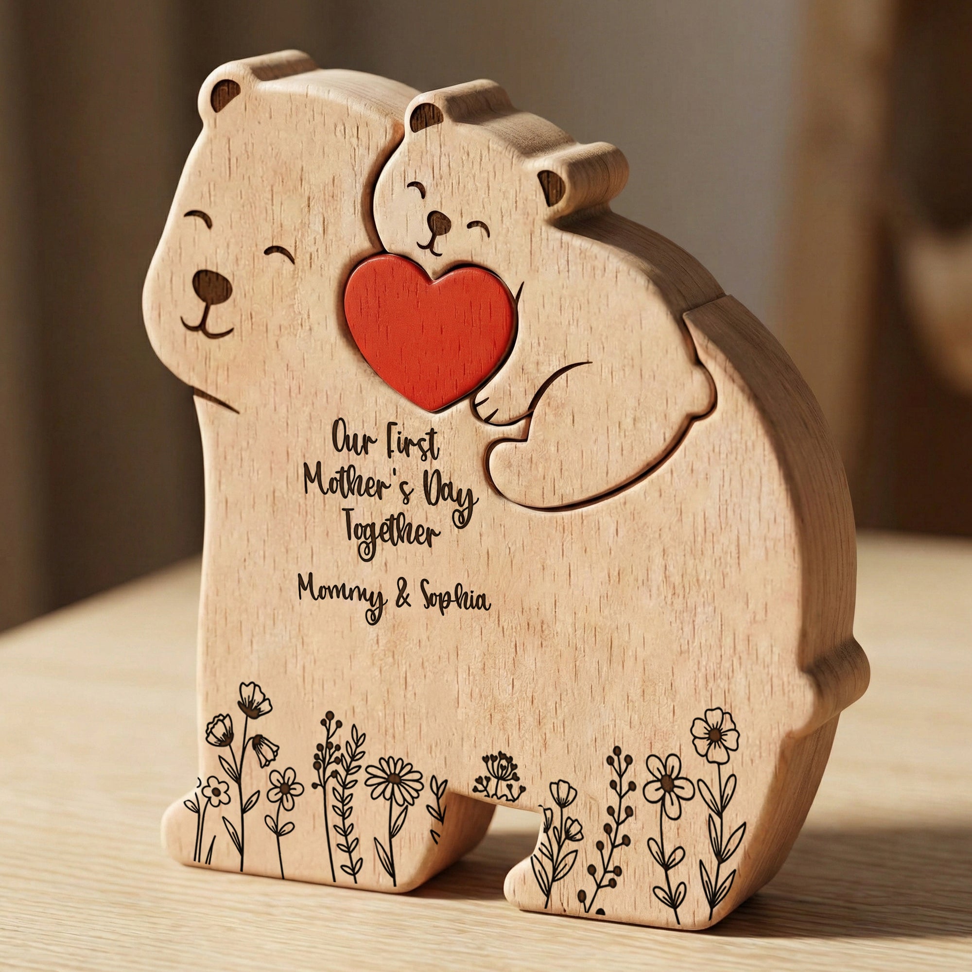 Father's Day Gifts, Our 1st Mother's Day Together - Mama Bear Mom & Baby Cub - Floral Style - Personalized Puzzle