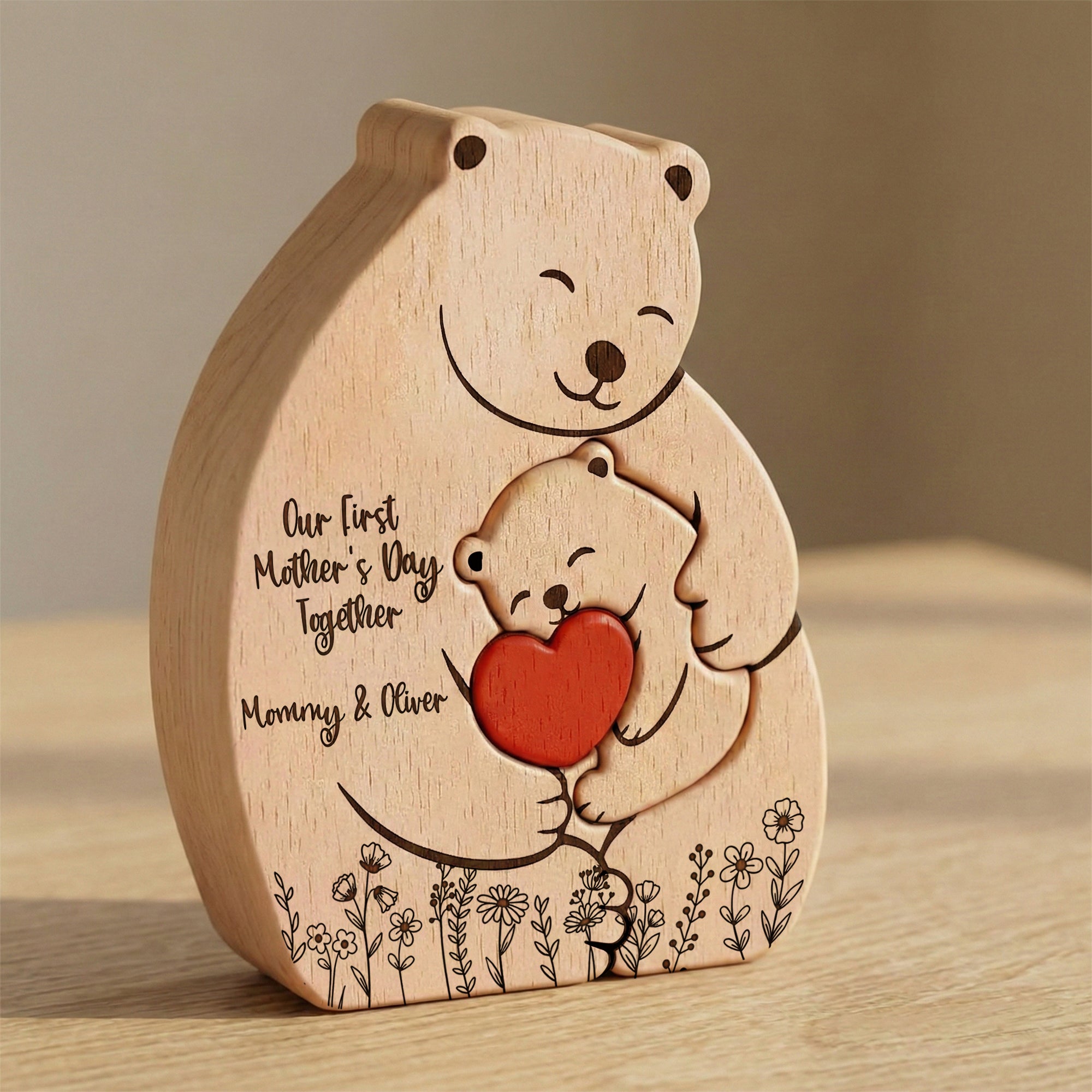 Father's Day Gifts, Our 1st Mother's Day Together - Mama Bear Mom & Baby Cub - Floral Style - Personalized Puzzle
