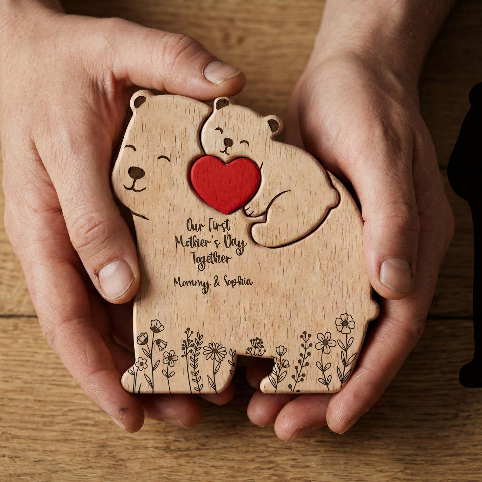 Father's Day Gifts, Our 1st Mother's Day Together - Mama Bear Mom & Baby Cub - Floral Style - Personalized Puzzle