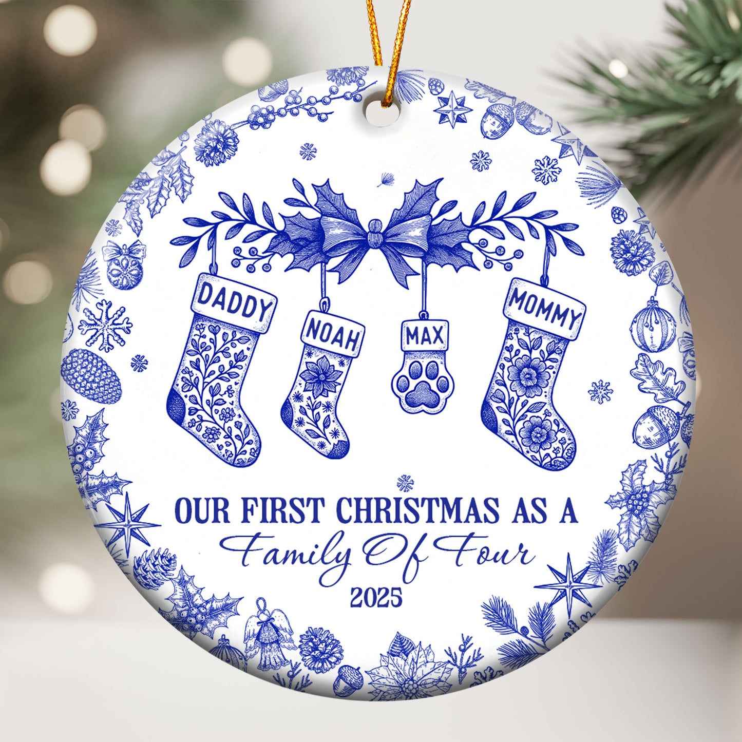 Our First Christmas As A Family Of 3,4,5,6 Toile De Jouy - Personalized Ceramic Ornament