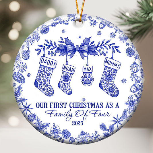 Our First Christmas As A Family Of 3,4,5,6 Toile De Jouy - Personalized Ceramic Ornament