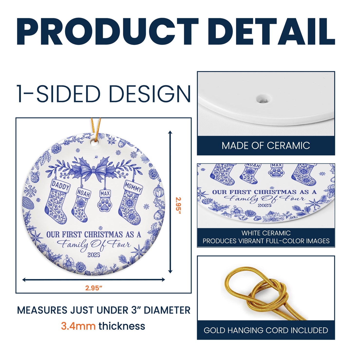 Our First Christmas As A Family Of 3,4,5,6 Toile De Jouy - Personalized Ceramic Ornament